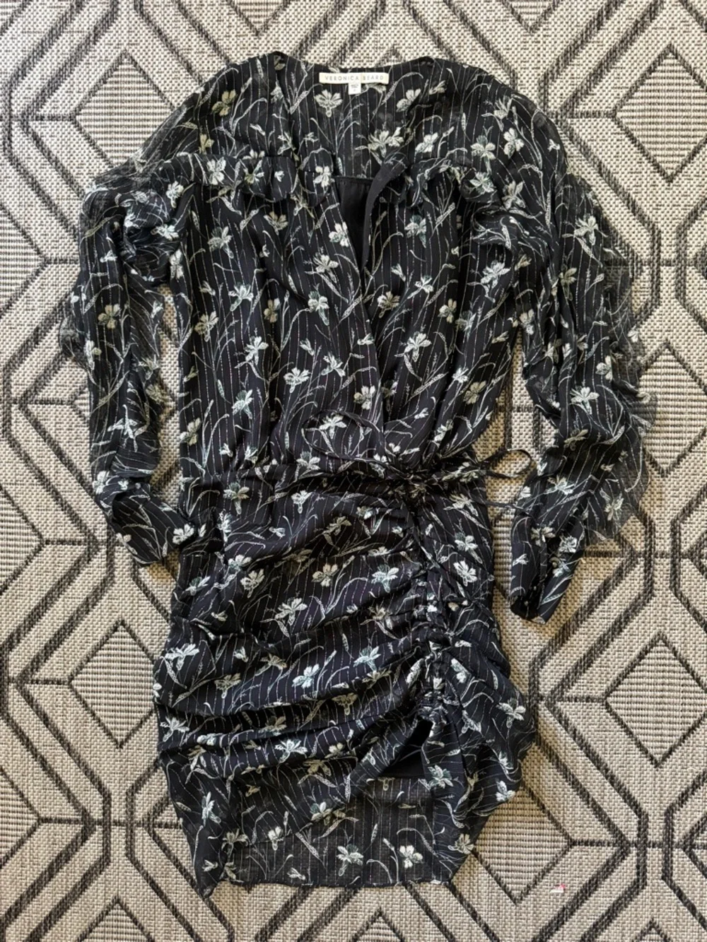 Veronica Beard Black Fitzgerald Metallic Ruched Floral Silk Mini Cocktail‎ Dress